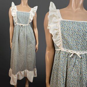 Vintage 70s Prairie Midi Dress Size S Sleeveless Ruffled Floral Boho Cottagecore